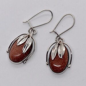 Vtg Russian Sterling Silver Leaf Design Goldstone cabochon Dangle Earrings 1.6”